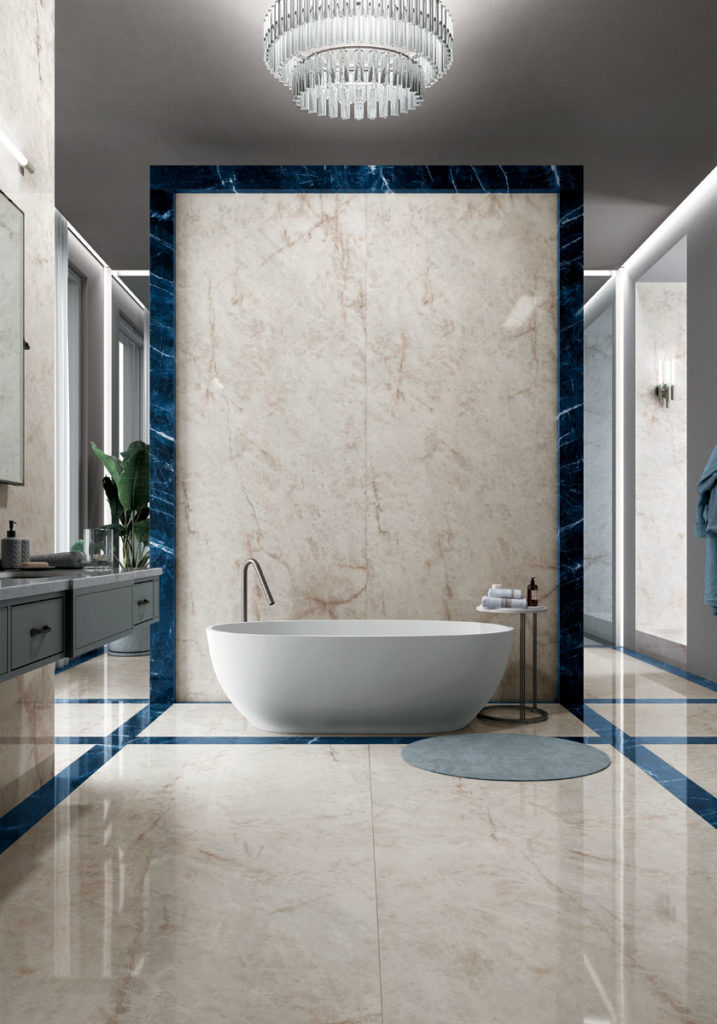 Luxury Bathroom Design with large porcelain slabs for shower walls, floors and trim.