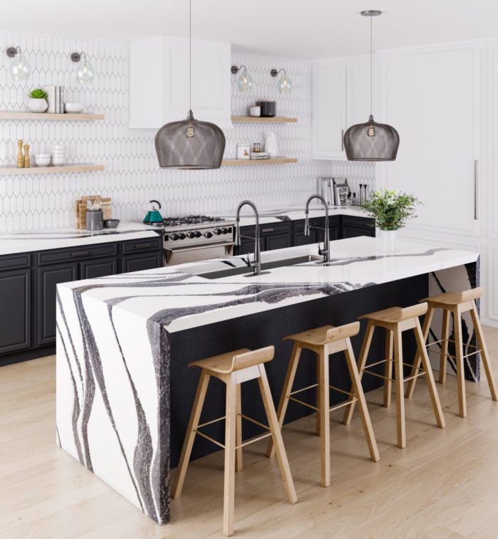 Quartz countertops from cambria in a light kitchen with black cabinets